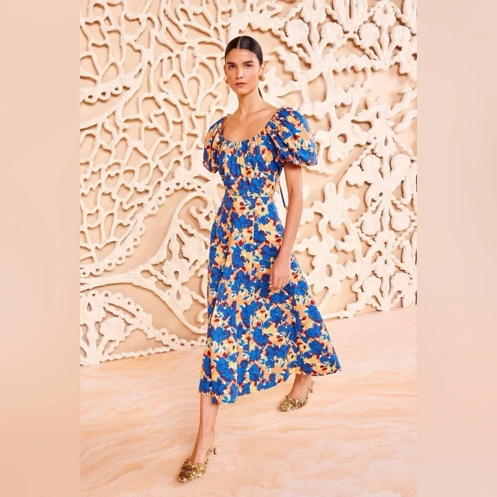 NEW Ulla Johnson Imara Blue Floral Cotton Short Sleeve Midi Dress | size 2 - Picture 4 of 16
